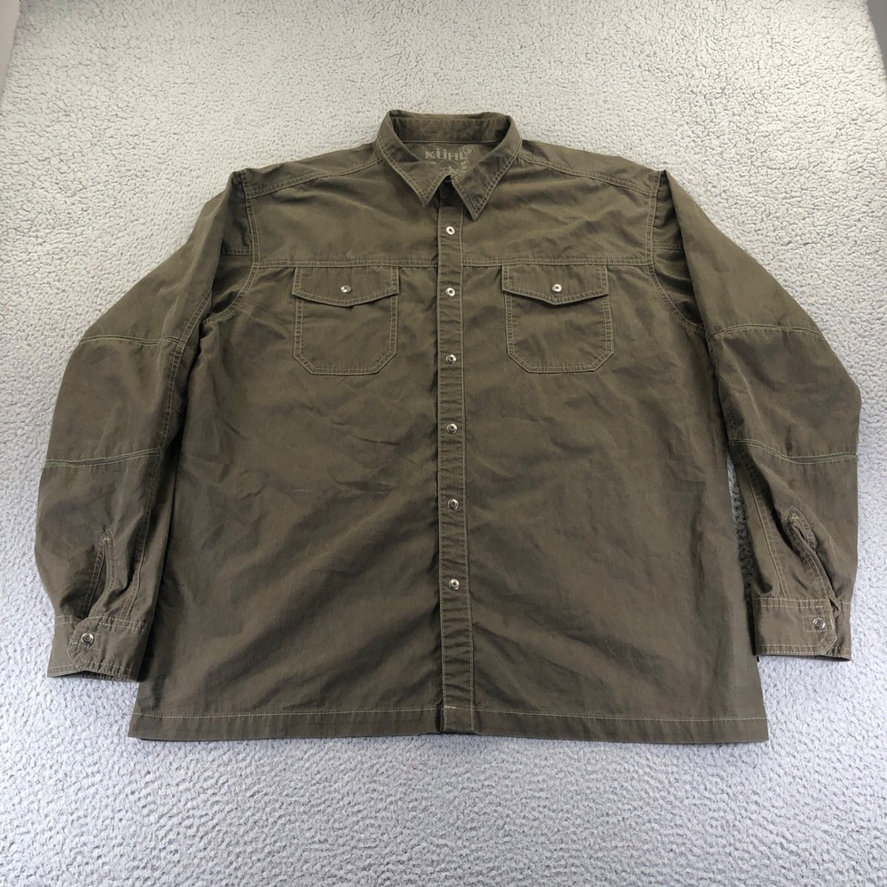 Kuhl Shirt 2XL XXL Green Flakjak Canvas Snap Front Long Sleeve Hiking Outdoor